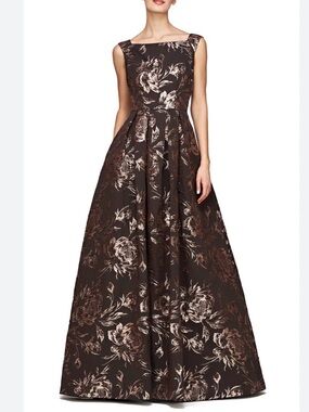 NWT KAY UNGER Espresso Metallic Floral Jacquard Formal Black Tie Gown Sz 18 $418